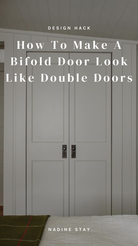 How to make a bifold door look like double doors - add a second knob. My favorite Bifold door hack. Closet door makeover by Nadine Stay. Antique brass, bronze, unlacquered brass, and chrome door knobs and backplates that make doors, bifold doors, and closet doors look high end. Antique replica door hardware. | Nadine Stay #antiqueknobs #closetdoorknobs #bifolddoorknobs #doorknobs #antiquehardware #backplates #brassknob #chromeknob #bronzeknob Closet Doorknob Ideas, Folding Closet Door Handles, Closet Door Hardware Pulls, Alternate To Bifold Closet Doors, Hardware For Bifold Closet Doors, High End Interior Doors, Bifold Door Knobs Hardware, Closet Door Knob, Craftsman Closet Doors