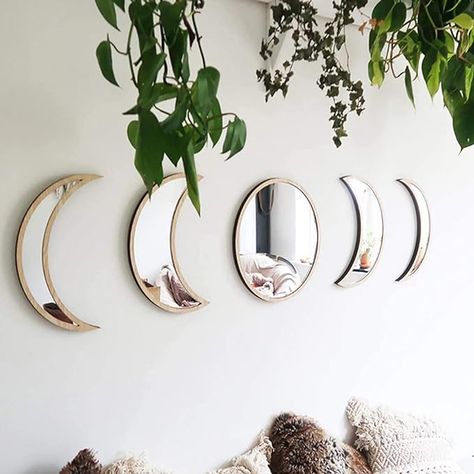 LXTaoler 5 Pcs Moon Phase Mirror Set, Acrylic Wooden Moon Mirror Decorative Mirror No Punch Boho Wall Decor for Aesthetic Home Living Room Bedroom Decor (Natural) #roomdecorbedroom #decor #aesthetic #affiliate #furnituredesigns #moderndecor #homedesign #bedroom #mirror Bedroom Decor Natural, Moon Mirrors, Natural Bedroom Decor, Wooden Moon, Mirror Interior Design, Moon Mirror, Wall Mirrors Set, Bohemian Wall Decor, Sunburst Mirror