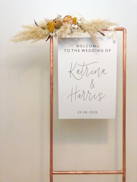 Welcome Sign with Copper Frame, silk ribbon and boho dried flowers #driedflowers #weddingsign Calligraphy Signs, Dried Flowers Wedding, Wedding Backdrop Design, Boho Wedding Flowers, Wedding Aisle Decorations, Hand Painted Wedding, Baby Shower Inspiration, Wedding Dress Pictures, Wedding Calligraphy