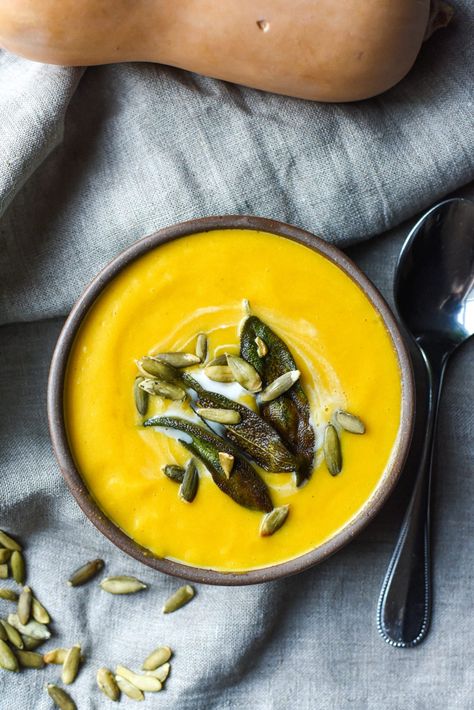 Creamy Butternut Squash Soup with Fried Sage & Pepitas | RD-Licious - Registered Dietitian - Columbia, SC Creamy Butternut Squash Soup, Butternut Squash Cinnamon, Fried Sage, Nutrition Therapy, Creamy Butternut Squash, Butternut Squash Recipes Soup, Raw Pumpkin Seeds, Squash Soup Recipe, Roasted Butternut Squash Soup