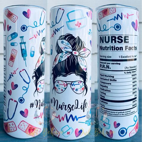 "Nurse nutrition facts Tumbler. This is a custom item that is made to order.  *Made Via Sublimation NO EPOXY.  *20oz Skinny  *Includes Sliding/Closable Lid & Straw  *Great for Hot & Cold Beverages * GLITTER IS NOT REAL* Colors may slightly vary from what is shown. Tumblers will have a seam but will be blended as much as possible.  Processing time is 2-3 Weeks. This doesn't include weekends or holidays.  Custom orders available! Please send me a message.  Join our Facebook Group for tons of aweso Nurse Cup Ideas, Nurse Tumbler Ideas, Scrub Life Tumbler Ideas, Nurse Tumbler Cups Glitter, Nurse Nutrition Facts, Ccu Nursing, Nurse Tumblers, Nurse Epoxy Tumbler, Nurse Tumbler Ideas Svg