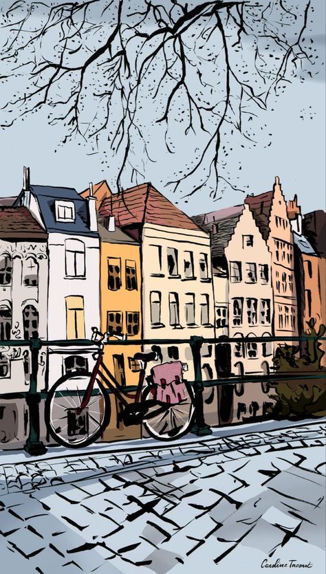 Building Illustration Sketch, Amsterdam Drawing, Amsterdam Illustration, Amsterdam Bike, Amsterdam Art, Bike Illustration, Canvas For Beginners, Watercolor Architecture, Easy Canvas Painting