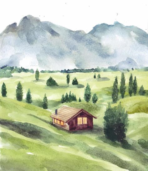 Green Nature Landscape, Landscape With House, Metamorphosis Art, Mountain Watercolor, Watercolour Landscape, House In Nature, Watercolor Mountains, Nature Water, Watercolor Landscape Paintings