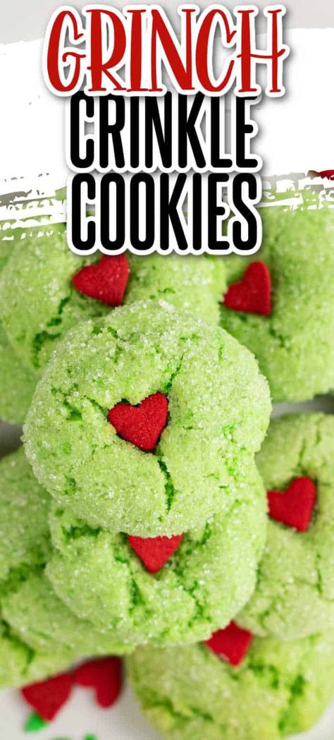 These Grinch crinkle cookies are a delicious soft, minty cookies that are perfect for the holiday season! Whether you're watching your favorite holiday movie, having a Christmas party or cookie exchange these cookies are always a hit! Grinch Crinkle Cookies, Grinch Christmas Cookies, Grinch Cookies Recipe, Recipe Christmas Cookies, Grinch Cookies, Christmas Cookie Recipe, Easy Christmas Cookie Recipes, Cookie Christmas, Christmas Recipe