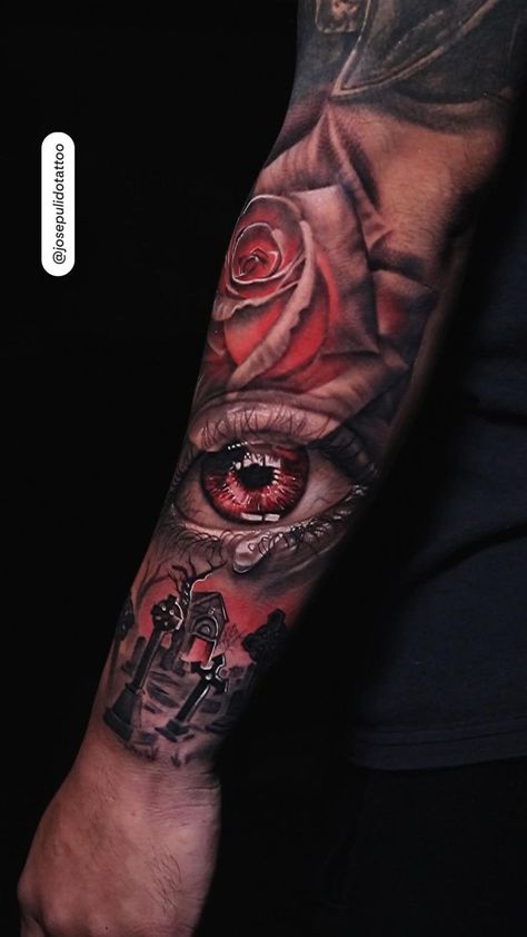 Rose Eye Tattoo, Tattoos Half Sleeve, Arm Tattoos For Guys Forearm, Tattoos Forearm, Black Men Tattoos, Half Sleeve Tattoos Forearm, Half Sleeve Tattoos, Rose Tattoos For Men, Skull Sleeve Tattoos