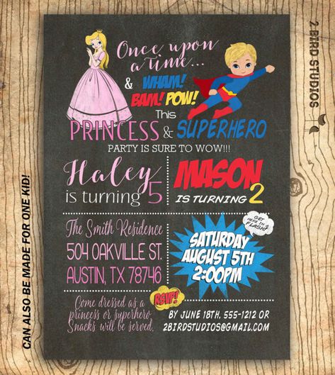 This is the perfect invitation if you have a boy and girl that want a different themed birthday party! Superheroes for him and princesses for her! www.2birdstudios.etsy.com for more birthday invitations! Sibling Birthday Parties, Combined Birthday Parties, Princess Party Invitations, Princess Cupcake Toppers, Princess Invitation, Twin Birthday Parties, Twins Birthday, Princess Invitations, Fiesta Tropical