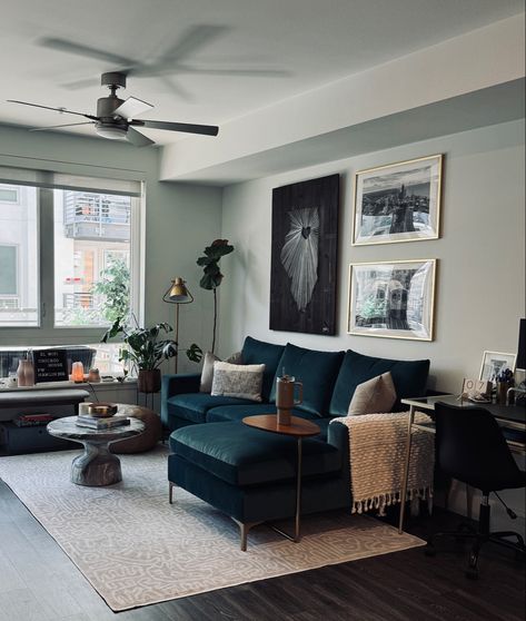 Deep Teal Couch, Teal Chairs Living Room, Teal Couch Living Room Decor, Teal Couch Living Room Colour Schemes, Dark Blue Couch Living Room Decor, Dark Teal Sofa, Dark Teal Couch, Teal Blue Couch, German Apartment