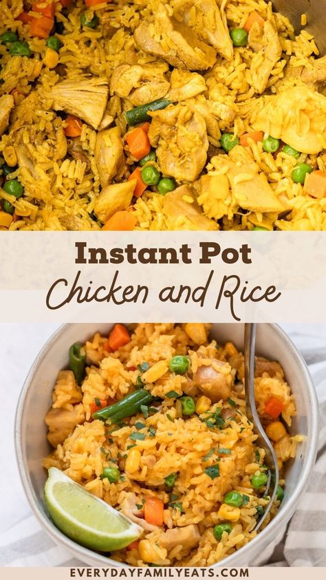 An easy one-pot meal, this Instant Pot Chicken Thighs and Rice with tender chicken, tons of veggies, and lightly spiced rice make a wholesome, quick meal for a weeknight dinner win. Chicken And Brown Rice Recipes, Instant Pot Chicken And Rice, Healthy Family Recipes, Chicken And Rice Recipe, Chicken And Brown Rice, Brown Rice Recipes, Healthy Instant Pot Recipes, Healthy Family Meals, Instant Pot Dinner Recipes