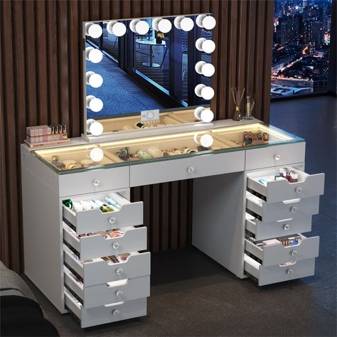 PRICES MAY VARY. TEMPERED GLASS DESKTOP- With glass top design, the vanity table can show all of items in the top drawers and allow you to find items quickly. The white makeup desk provides 3 colors of light strip, illuminates the top storage space for your convenience. BUILD-IN LED LIGHT DRAWERS- Different from regular drawers which hard to find makeup or skincare items, our makeup vanity have pull out lighted drawers. When you pull out the drawer, the built-in LED light will light up and brigh Cheap Vanity, Glass Top Vanity, Ikea Vanity, Bedroom Vanity Set, Makeup Vanity Desk, Dream Bedroom Inspiration, Drawer Lights, Girly Apartment Decor, White Room Decor