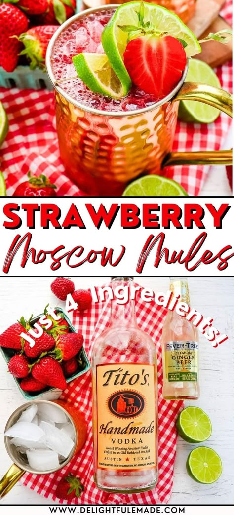 Strawberry Moscow Mule Strawberry Moscow Mule, Moscow Mule Drink Recipes, Apple Cider Moscow Mule, Moscow Mule Drink, Pink Drink Recipes, Healthy Breakfast Meal Prep, Blueberry Mojito, Ginger Beef, Moscow Mules