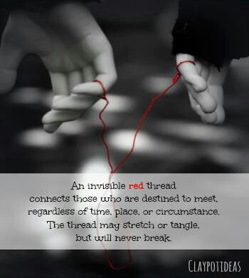 The red string of fate, is an East Asian belief.  According to this myth, the gods tie an invisible red string around the fingers of those that are destined to meet each other in a certain situation or help each other in a certain way. According to Chinese legend, the deity in charge of “the red thread” is believed to be Yuè Xià Lǎo , the old lunar matchmaker god who is also in charge of marriages. Fate Quotes, Red String Of Fate, Soul Ties, Soul Connection, Red String, Red Thread, Soul Searching, I Feel You, Inspire Me