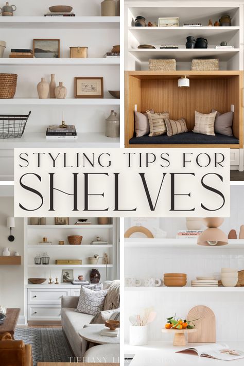 Curated Shelves Living Rooms, Decorating Wall Shelves Living Room, Style Shelves Living Room Built Ins, Two Floating Shelves Living Room, Built In Shelves Living Room Styling, Styling Long Shelves, Built In Shelves Small Living Room, Decorate Shelf Living Room, Wall Book Shelf Ideas Living Room