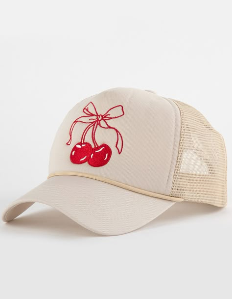 Cherry Bow Embroidered Trucker Hat. Embroidered Cherries With Bow On Front. Brim Rope Detail. Curved Bill. Mesh Back. Adjustable Snapback Closure. 80% Cotton 20% Polyester. Imported. Embroidered Cherries, Ios Widgets, Funny Trucker Hat, Custom Embroidered Hats, Fun Hats, Hat Bar, Flannel Sweatshirt, Wwe T Shirts, Hat Aesthetic