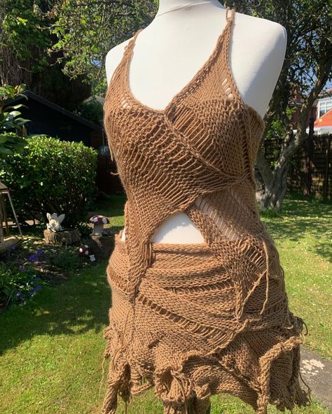 1/1 distressed brown mini dress🤎 #knitting #crochet #pinterest #slowfashion #knitwear Brown Knitted Dress, Brown Fitted Crochet Dress For Beach, Brown Casual Crochet Summer Dress, Distressed Crochet Dress, Summer Beige Hollow-out Crochet Dress, Brown Mini Dress, Slow Fashion, Knitwear, Mini Dress