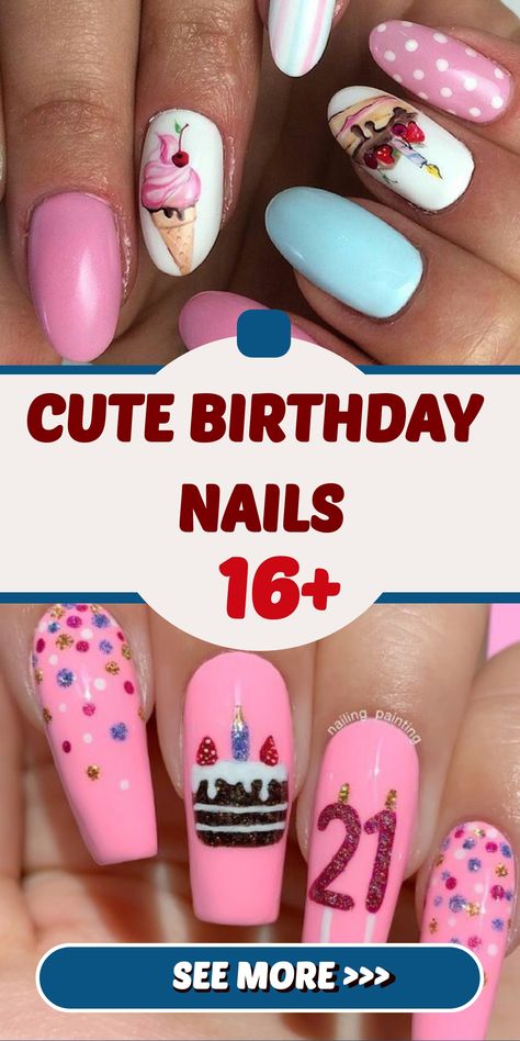 Celebrate your special day in style with our adorable birthday nail designs! Spark joy and happiness on your birthday with a cheerful rainbow, whimsical balloons, or festive sprinkle pattern. Make a wish, blow out the candles, and let your nails shine with the essence of fun and excitement. Elevate your celebration with these magical nails that are perfect for capturing birthday vibes. Get ready to add a touch of charm to your look and make your birthday even more special! Diy Birthday Nails, 19th Birthday Nails, Birthday Cake Nails, Nail For Kids, Cupcake Nail Art, Magical Nails, Cupcake Nails, Birthday Nail Art, Birthday Nail Designs