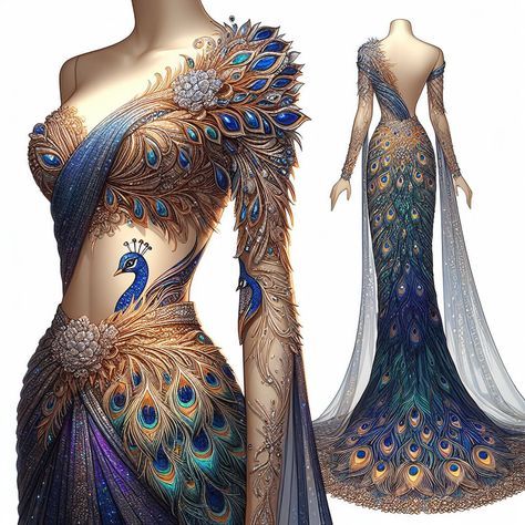 Peacock Feather Fashion, Fantasy Dress Design Art, Disney Fairytale Wedding, Fairytale Wedding Dresses, Disney Fairytale Wedding Dress, Romantic Clothing Style, Manhwa Pfp, Comic Painting, Fantasy Design