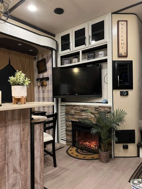 Camper Fireplace Remodel, Rv Fireplace Remodel, Camper Fireplace, Rv Fireplace, Rv Porch, Kitchenette Ideas, Camper Renovations, School Bus Tiny House, Travel Trailer Living