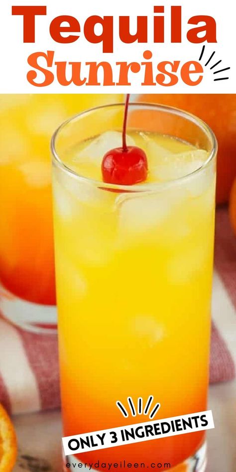 Tall cocktail glasses with citrus juice and cherry garnish with Pinterest overlay. 3 Ingredients Cocktails, Taquilla Drinks, 3 Ingredient Cocktails Recipes, Mixed Drinks With Tequila, Sunrise Margarita Recipe, Easy Tropical Cocktails, Easy Tequila Drinks Simple, 3 Ingredient Cocktails, Taquilla Cocktails