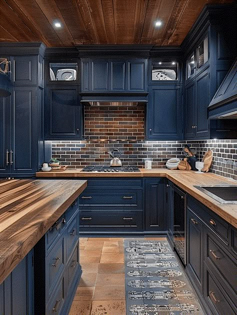 Dark Blue Wood Kitchen, Blue Kitchen Wood Countertop, Blue Kitchen Cabinets Color Schemes, Navy Cabinets Dark Countertops, Blue Island Brown Cabinets, Blue Craftsman Kitchen, Navy Blue Cabinets With Butcher Block, Dark Navy Blue Cabinets Kitchen, Navy Blue Stained Kitchen Cabinets