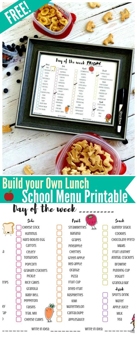 DIY LUNCH MENU: Free Printable Build A Lunch Printable, Daycare Food Menu Free Printable, Printable Lunch Menu Template, Homeschool Lunch Menu Free Printable, School Lunch Planner Free Printable, School Lunch Menu, Free Printable Menu, Gummy Snacks, Diy Lunch