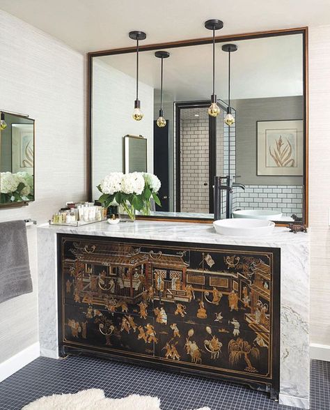 Interior Design Mid Century Modern, Antique Chinese Cabinet, Asian Bathroom, Mid Century Modern Renovation, Mid Century Interior Design, Chinese Cabinet, Asian Interior, Mid Century Interior, Eclectic Bathroom