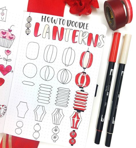 Doodle Lantern, Bujo Lantern Theme, How To Draw Chinese Lanterns, Bujo Japanese Theme, Chinese Lantern Watercolor, December Bullet Journal, I M Sick, Bullet Journal Weekly Spread, Chinese Lanterns