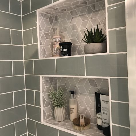 Recessed Bathroom Shelves, Shelves Decoration, Recessed Shelves, Shelf Decor Bedroom, Bad Inspiration, Decorating Shelves, Shower Shelves, Upstairs Bathrooms, Bathroom Redo