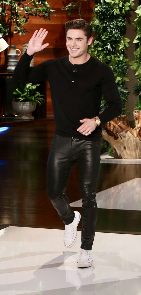 Zac Efron Style, Leather Pants Outfit, Jeans And Converse, Mens Leather Pants, Black Leather Pants, Leather Jeans, Zac Efron, Leather Trousers, Henley Shirts