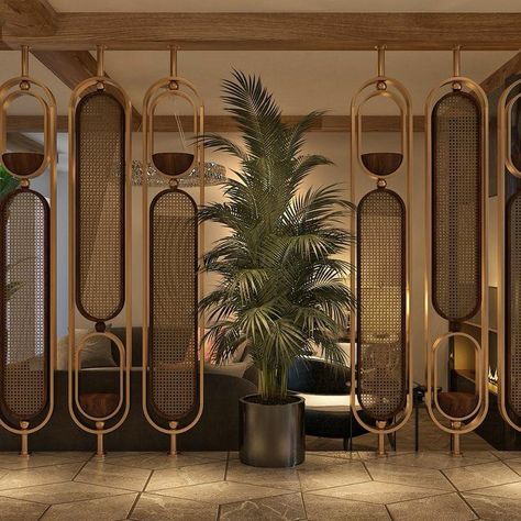 Wall Partition Design, Art Deco Hotel, Stairway Lighting, Name Plate Design, Beautiful Home Gardens, Wooden Room, Pillar Design, Divider Design, Brown Mirror