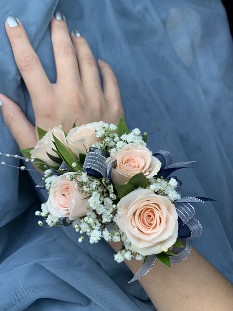 Navy And Pink Corsage, Prom Flowers For Navy Blue Dress, Corsage With Blue Dress, Navy And Gold Corsage, Pink And Blue Corsage Prom, Corsage For Navy Blue Dress, Blue And Pink Corsage, Corsage For Blue Dress, Blue Dress Corsage