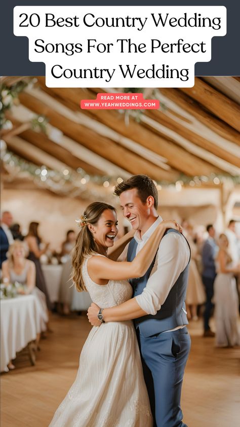 A happy couple dancing at their country-themed wedding, surrounded by rustic decorations. The bride and groom are smiling as they share a romantic moment on the dance floor, highlighting the joy and love captured in the best country wedding songs. Country Father Daughter Dance Songs, 1st Dance Wedding Songs, Country First Dance Songs, Country Love Song Lyrics, Best Country Wedding Songs, Country Wedding Songs, Father Daughter Dance Songs, Country Bridesmaid, Wedding Song List