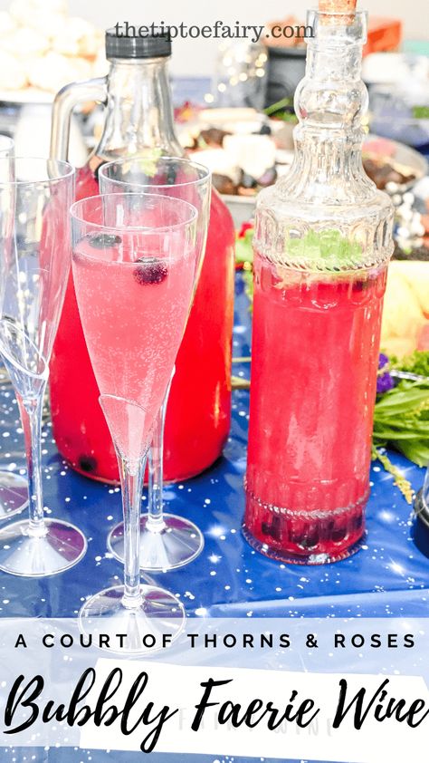 How to make ACOTAR Faerie Wine | The TipToe Fairy Fairy Inspired Cocktails, Fairy Alcohol Drinks, Fairy Wine Recipe, Acotar Inspired Drinks, Acotar Cocktails Ideas, Acotar Inspired Food, Acotar Drink Recipes, Night Court Party Acotar, Acotar Themed Drinks