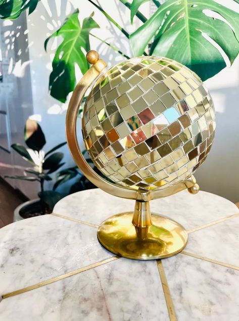 Vintage Gold Disco Ball Mirror Spinning Globe | Etsy (US) Disco Ball Globe, Room Esthetics, Disco Globe, Gold Disco Ball, Reflective Art, Ball Mirror, Disco Ball Mirror, Spinning Globe, Art Goals