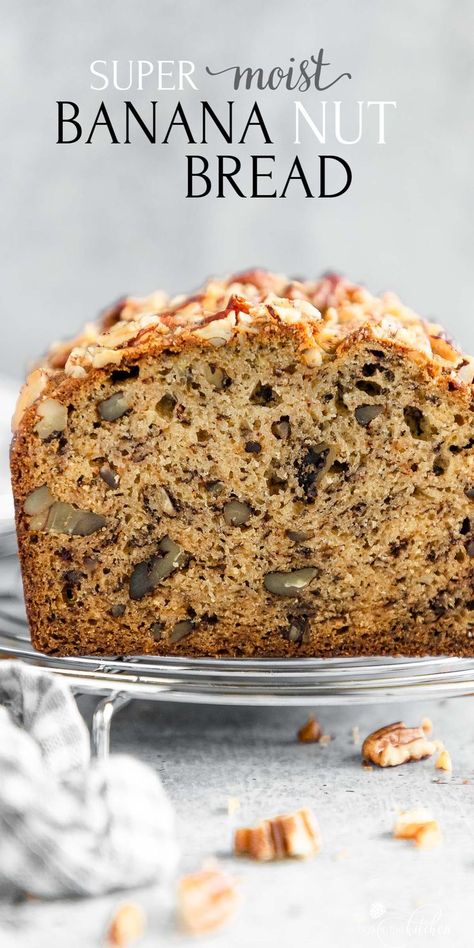 This super-moist Banana Nut Bread Recipe is loaded with bananas, pecans and incredibly soft crumb. It is simple to make and a great way to use those overripe bananas. This moist and delicious banana nut bread is so easy and makes a great breakfast on-the go. #banananutbread #banananutbreadrecipe #bananabreadrecipe #olgainthekitchen #moistbanananutbread #bananabread Moist Banana Nut Bread Recipe, Banana Nut Bread Recipe Moist, Moist Banana Nut Bread, Brownies Banana, Banana Bread Brownies, Banana Pecan Bread, Banana Nut Bread Recipe, Banana Walnut Bread, Nut Bread Recipe