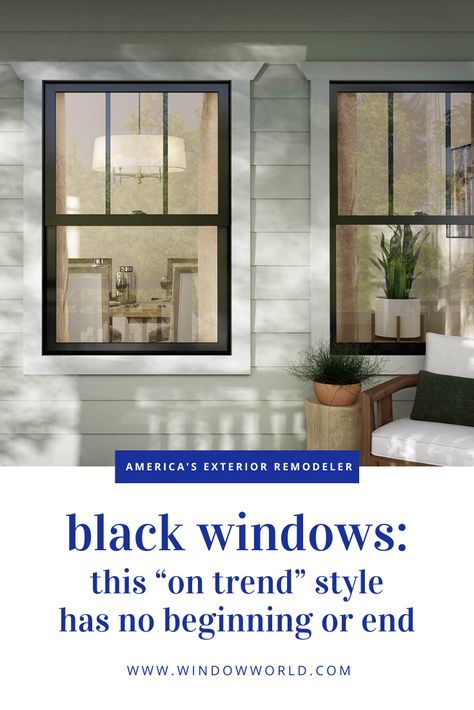 Black windows add distinctive style and definition to your home both inside and out. As you browse through photos of houses with these windows, you may be struck by the dramatic effect they create. ð¤ #WindowWorld Large Black Windows Exterior, Black Framed Windows Exterior, Window Grids Styles, Bronze Windows Exterior, Black Window Trim Exterior, Black Windows Exterior Color Schemes, Black Replacement Windows, Black Windows Interior, Black Exterior Windows