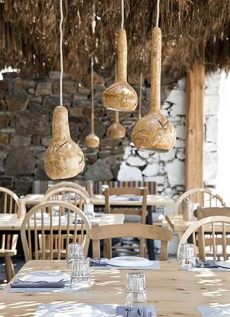 Beach bar Alemagou on Mykonos, Greece by the style files, via Flickr Diy Lampe, Greek Restaurants, Gourd Lamp, Gourds Crafts, Painted Gourds, Tables And Chairs, Pool Bar, Gourd Art, Beach Bars