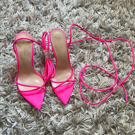 Never Worn Hot Pink Heels With Straps That Tie On The Ankle. Hot Pink Heels, Pink Cross, Tie Colors, Pink Heels, Cross Straps, Strap Heels, Shoes Women Heels, High Heel, Pink Ladies