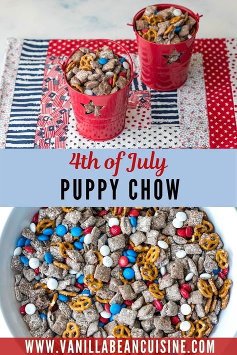 Patriotic Puppy Chow, 4th Of July Party Food, Puppy Chow Chex Mix Recipe, 4th July Food, Chex Mix Puppy Chow, Puppy Chow Recipes, Patriotic Food, Patriotic Desserts, Chex Mix Recipes