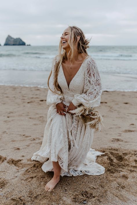 I think this may be the boho beach wedding dress of dreams, provided by Dandelions and Pearls for this Boho beach elopement wedding in Cornwall | Lace bohemian beach wedding dress | Boho beach wedding | Find more inspiration on the blog Boho Destination Wedding Dress, Surfer Wedding Dress, Bohemian Hippie Wedding Dress, Ivory Beach Wedding Dress, Wedding Dresses For Beach Weddings Boho, Plus Size Beach Bride, Winter Beach Wedding Dress, Boho Backyard Wedding Dress, Beachy Vow Renewal Dress