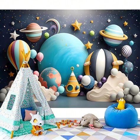 1pc Blue Outer Space Themed Birthday Party Backdrop Photography Background, Including Rocket, Planet And Balloon, Ideal For 1st Birthday Party Decoration | SHEIN USA Birthday Back Drop Diy, Red Carpet Backdrop, Diy Birthday Backdrop, Cake Smash Backdrop, 1st Birthday Party Decorations, Pink Backdrop, Happy 21st Birthday, Photo Booth Backdrop, Birthday Backdrop