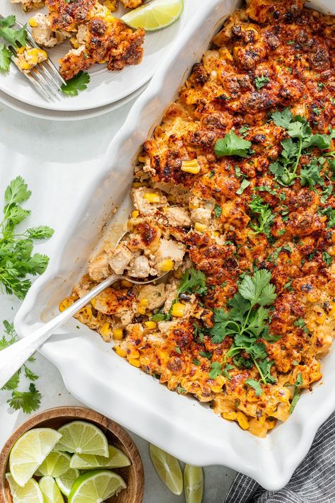 Mexican Street Corn Casserole (with Chicken) Mexican Street Corn Casserole With Chicken, Pioneer Woman Chicken Street Corn Skillet, Chicken Street Corn Casserole, Mexican Street Corn Chicken, Mexican Street Corn Casserole, Street Corn Casserole, Zucchini Latkes, Street Corn Chicken, Mason Jar Meal Prep