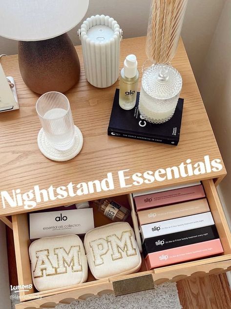 15 Amazing Nightstand Organization ideas that will enhance your Feng Shui — ASHLINA KAPOSTA Whats In My Nightstand, Nightstand Essentials For Women, Night Stand Essentials, Nightstand Must Haves, Decorate Nightstand, Nightstand Organization Ideas, Feng Shui Money Corner, Fall Inspired Living Room, Small Bathroom Countertop