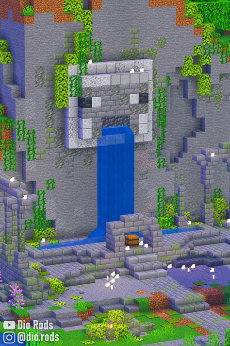 A stone and diorite temple on a side of a mountain with a sheep fountain in the middle if it. Minecraft Sheep Build, Minecraft Sheep Statue, Temple Minecraft Ideas, Sheep House Minecraft, Silly Minecraft Builds, Sniffer Minecraft Build, Minecraft Sheep Pen Ideas, Minecraft Temple Build, Minecraft Shrine Ideas