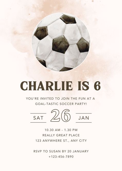 Score Big with this Watercolor Soccer Kids Birthday Invite - FREE Canva Pro Template! ⚽🎉 Soccer Invitations Template, Football Invitations Birthday, Soccer Theme Invitation, Birthday Boy Invitations, Soccer Invitations, Free Canva Pro, Kids Birthday Invitation Template, Soccer Party Decorations, Frozen Birthday Party Cake