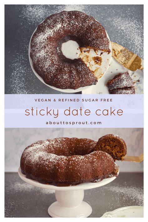 Sticky Date Cake (Vegan + refined sugar free) : About to Sprout Sticky Date Cake, Refined Sugar Free Desserts, Sticky Date, Date Cake, Lying In Bed, Sugar Free Cake, Plant Based Desserts, Vegan Cakes, Cake Vegan