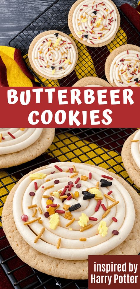 These delicious, homemade Butterbeer Cookies have a buttery, vanilla sugar cookie topped with and fluffy butterbeer buttercream icing and Harry Potter inspired sprinkles. Butterbeer Cookies, Homemade Butterbeer, Harry Potter Cookies, Butter Beer Recipe Harry Potter, Butterscotch Syrup, Cottage Bakery, Family Blessings, Harry Potter Butter Beer, Butterbeer Recipe