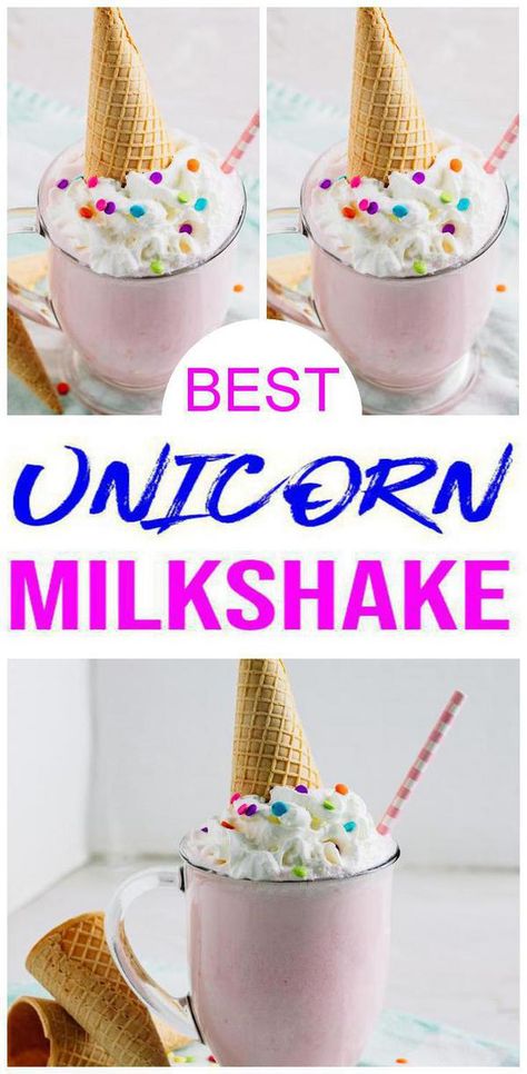 unicorn milkshake with ice cream & ice cream cone edible horn Milkshake Flavor Ideas, Sherbet Milkshake, Ice Cream Shakes Milkshakes, Unicorn Shake, Milkshake Party, Monster Shakes, Kids Milkshake, Easy Milkshake, Milkshake Ideas