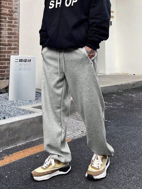 Light Grey  Collar  Knitted Fabric Plain Wide Leg Embellished Slight Stretch All Men Clothing Thrifted Outfits Men, Grey Sweatpants Outfit Men, Grey Sweatpants Men, Sweats Outfits, Gray Sweatpants Outfit, Mens Grey Sweatpants, Outfits Sweatpants, Mens Fits, Men Sweatpants