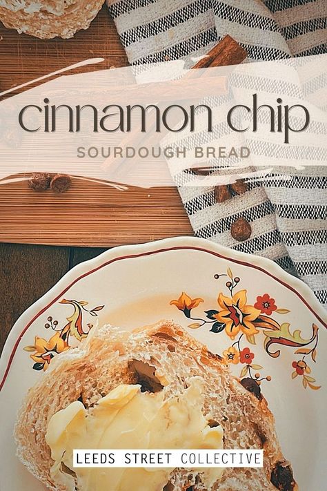 flat lay shot of a sliced loaf of cinnamon chip sourdough bread on a cutting board with a striped cloth napkin next to a vintage floral print plate with a slice of buttered bread surrounded by cinnamon chips, cinnamon sticks, a knife, and butter Cinnamon Chip Sourdough Bread, Cinnamon Chip Recipes, Toast For Breakfast, Discard Recipe, Sourdough Starter Discard Recipe, Discard Recipes, Dough Recipes, Cinnamon Chips, Sour Dough