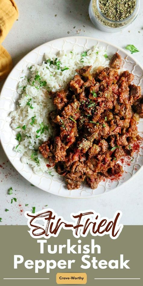 I frequently prepare this delicious and simple Turkish pepper steak meal for my family. Beef cubes are stir-fried with tomatoes, garlic, onion, and sweet green peppers until the meat is fork-tender. #peppersteak #steak #recipe Cubed Beef Recipes, Beef Pepper Steak, Buttery Rice, Beef Cubes, Pepper Steak Recipe, Cube Steak Recipes, Delicious Family Meals, Green Peppers, Canadian Food